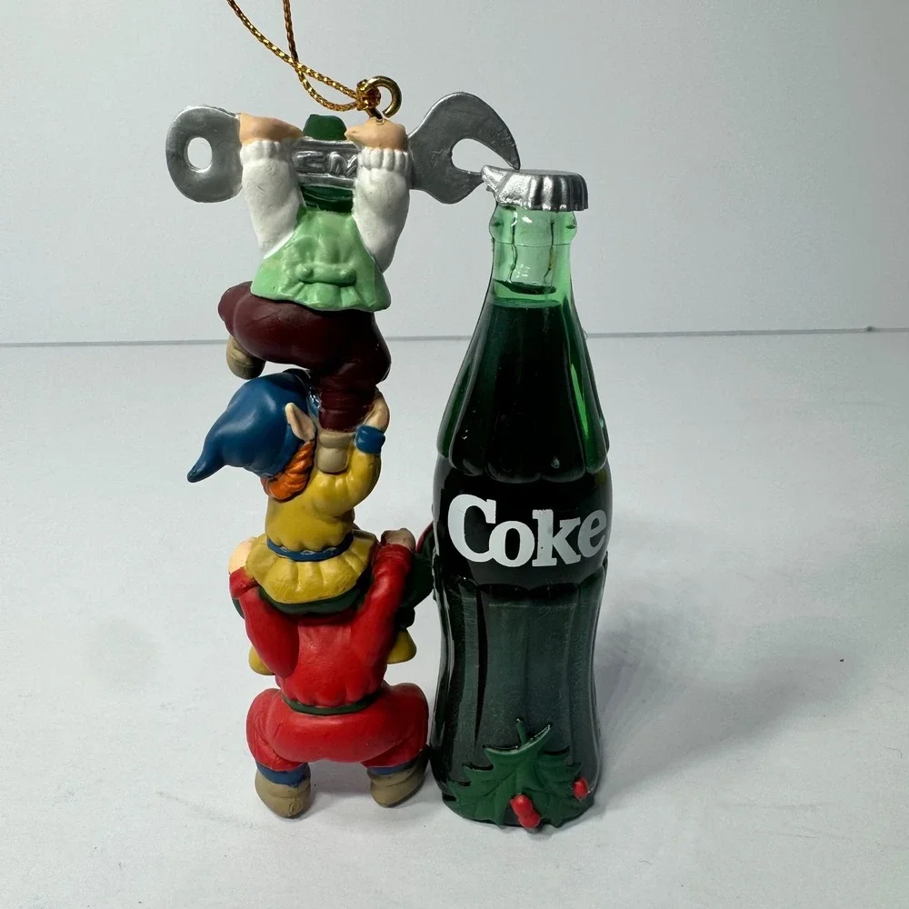 Vintage 1994 Coca-Cola Elves Opening Bottle Christmas Ornament Resin 3.75 Inch